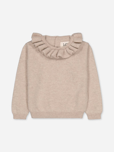 Baby beige sweater in cashmere with large ruffled collar 