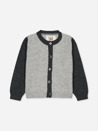 Baby cardigan grey color-block in regenerated cashmere