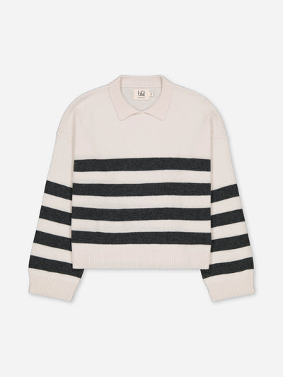 Boxy polo sweater with stripes in regenerated cashmere for kids