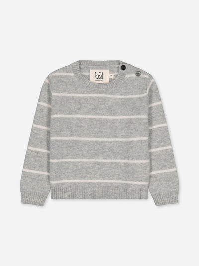 Baby sweater grey with stripes knitted in regenerated cashmere.